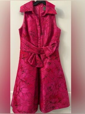 THEIA Vibrant Fuschia W/Black Jacquard Print Midi Dress.Front Bow.Sz 6 Pre-Loved